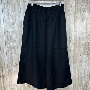 Anthropologie Women's Black Linen‎ Cropped Wide Leg Pants Smocked Waist Sz Small